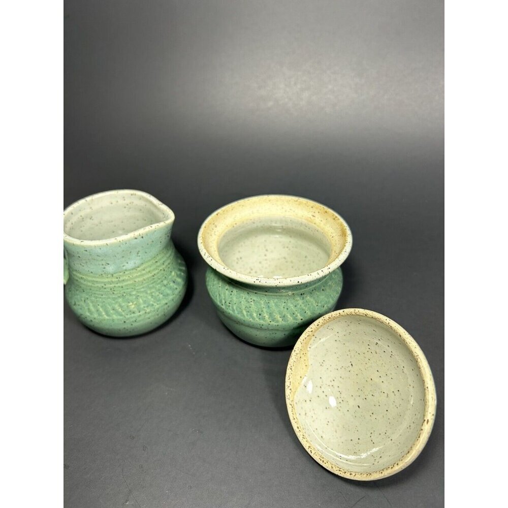 Signed Studio Art Pottery Cream And Sugar On Serving Tray Green Speckled Glaze - Picture 7 of 11